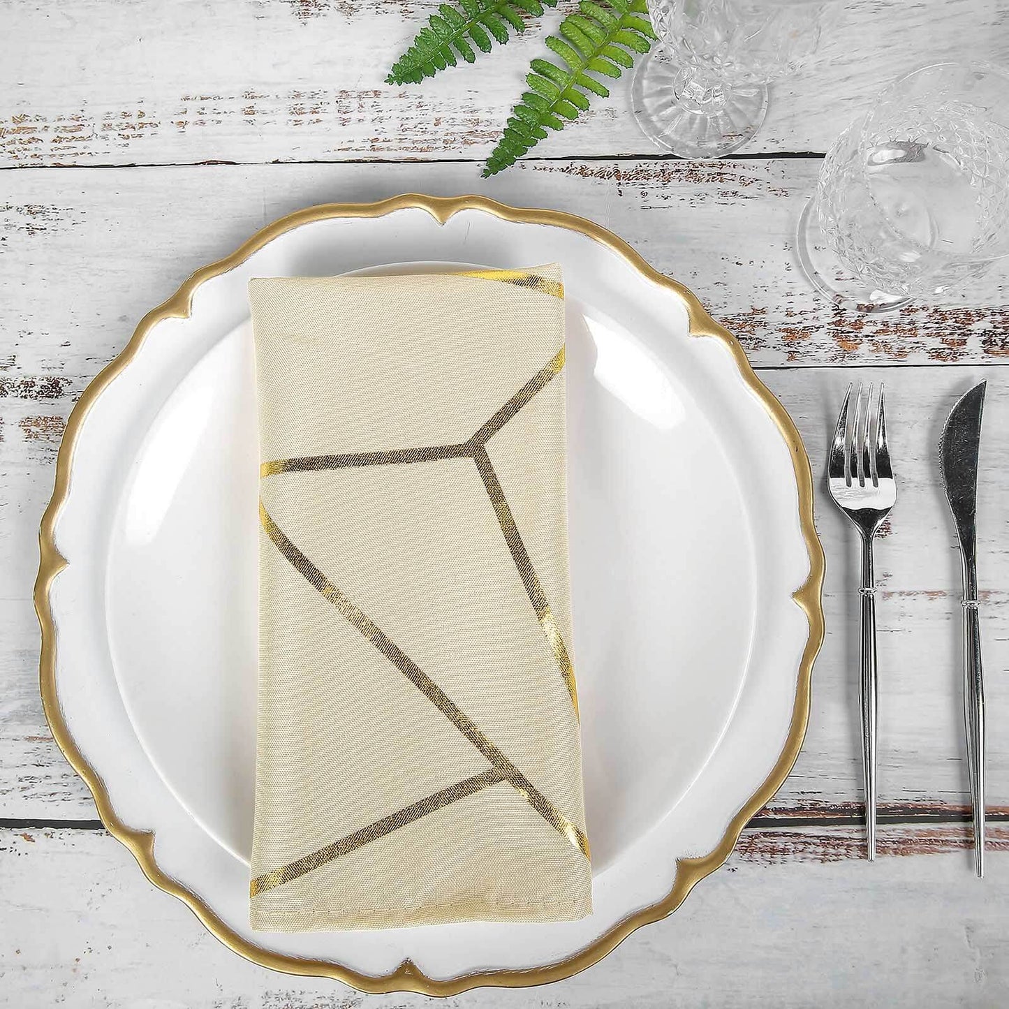 5 Pack Polyester 20"x20" Napkins Beige with Gold Geometric Foil Pattern - Modern Reusable Dinner Napkins