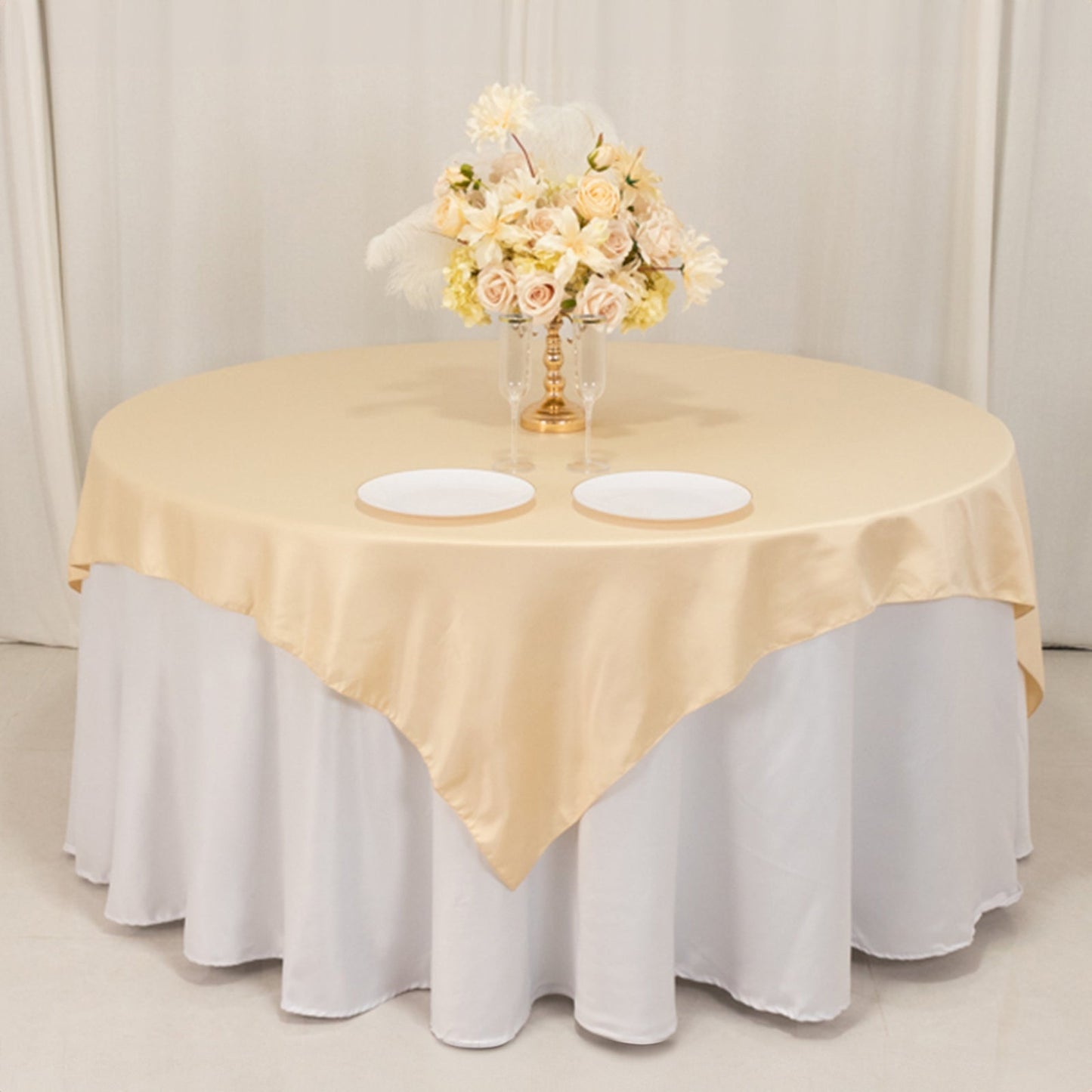 Lamour Satin 72"x72" Table Overlay Square Tablecloth Beige - Smooth Finish Table Topper