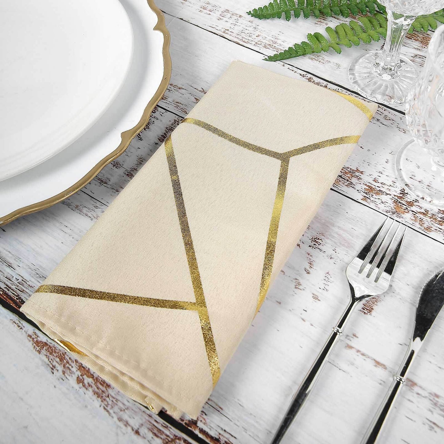 5 Pack Polyester 20"x20" Napkins Beige with Gold Geometric Foil Pattern - Modern Reusable Dinner Napkins