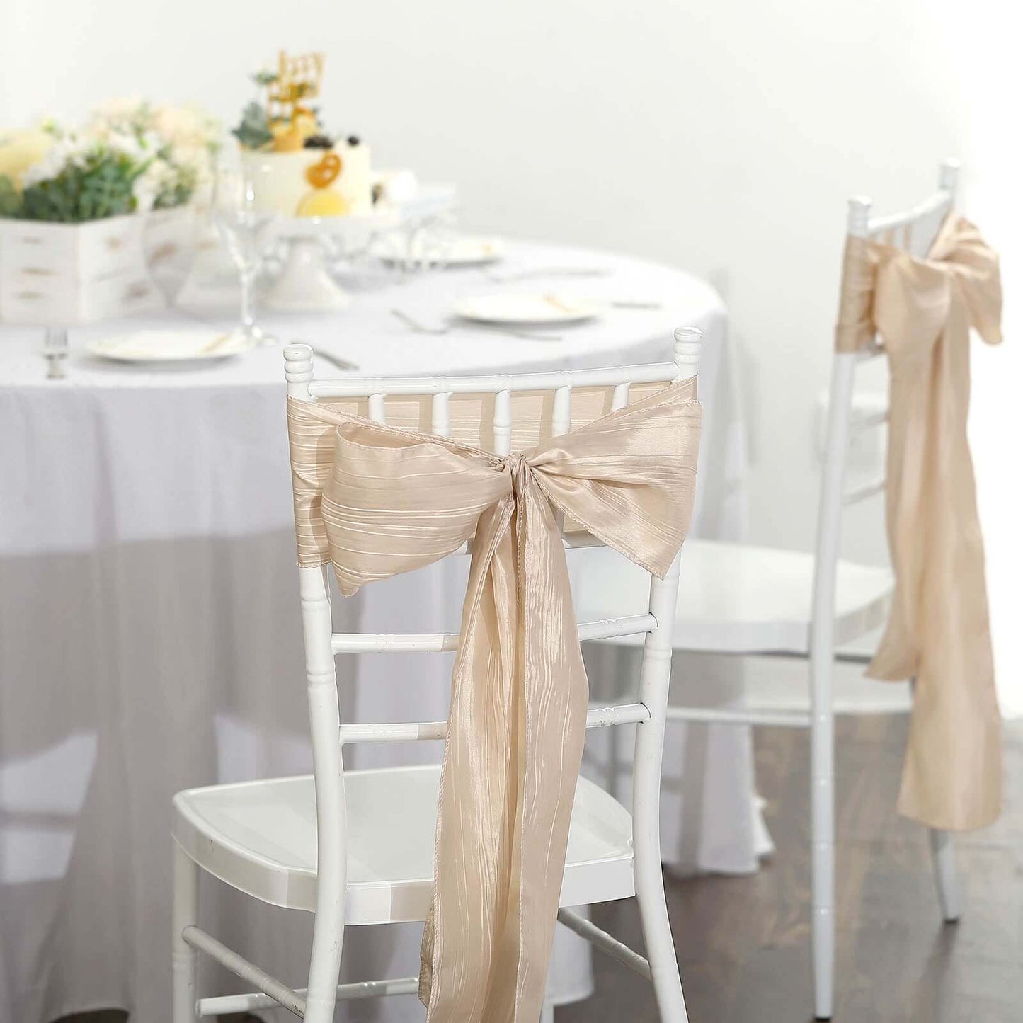 5 Pack Taffeta 6"x106" Chair Sashes Beige Accordion Crinkle Texture - Stylish Decor for Weddings & Gatherings