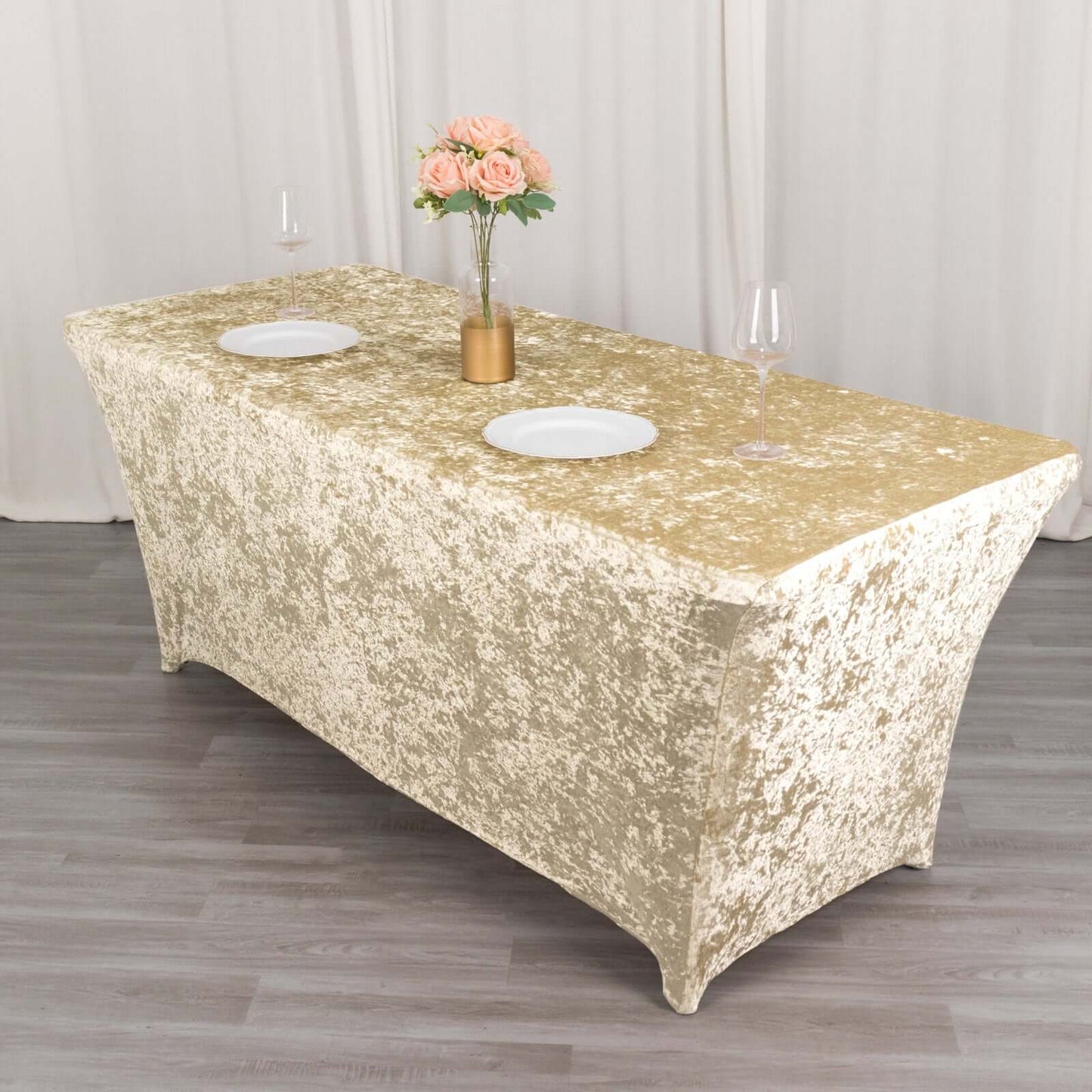 Crushed Velvet Fitted Rectangular 6ft Table Cover Beige - Wrinkle-Free Stretchy Tablecloth