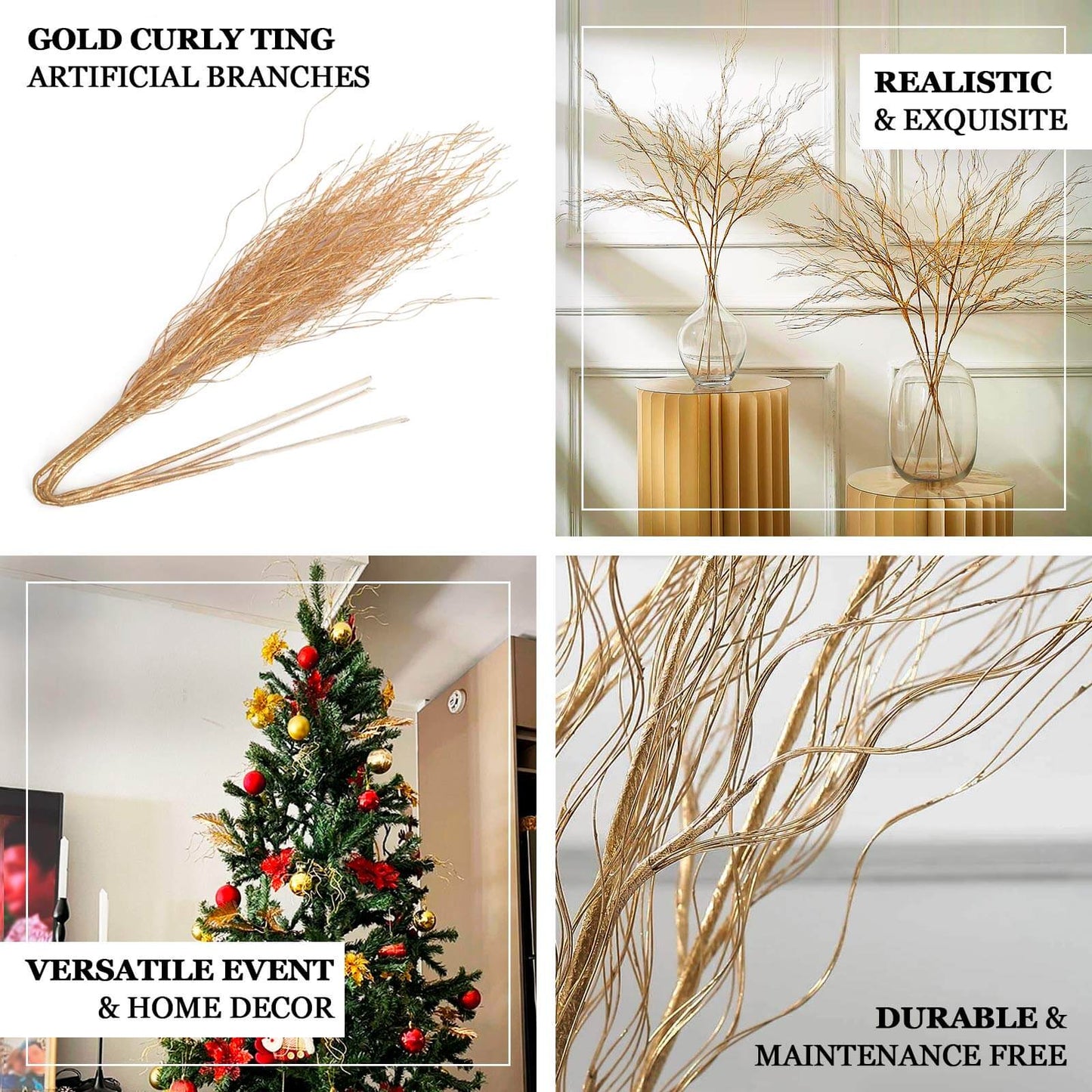 4-Pack Artificial Curly Willow Branches Metallic Gold - Decorative Bendable Long Stem Twig Sprays for Weddings Photo Shoots & Floral Designs 39"