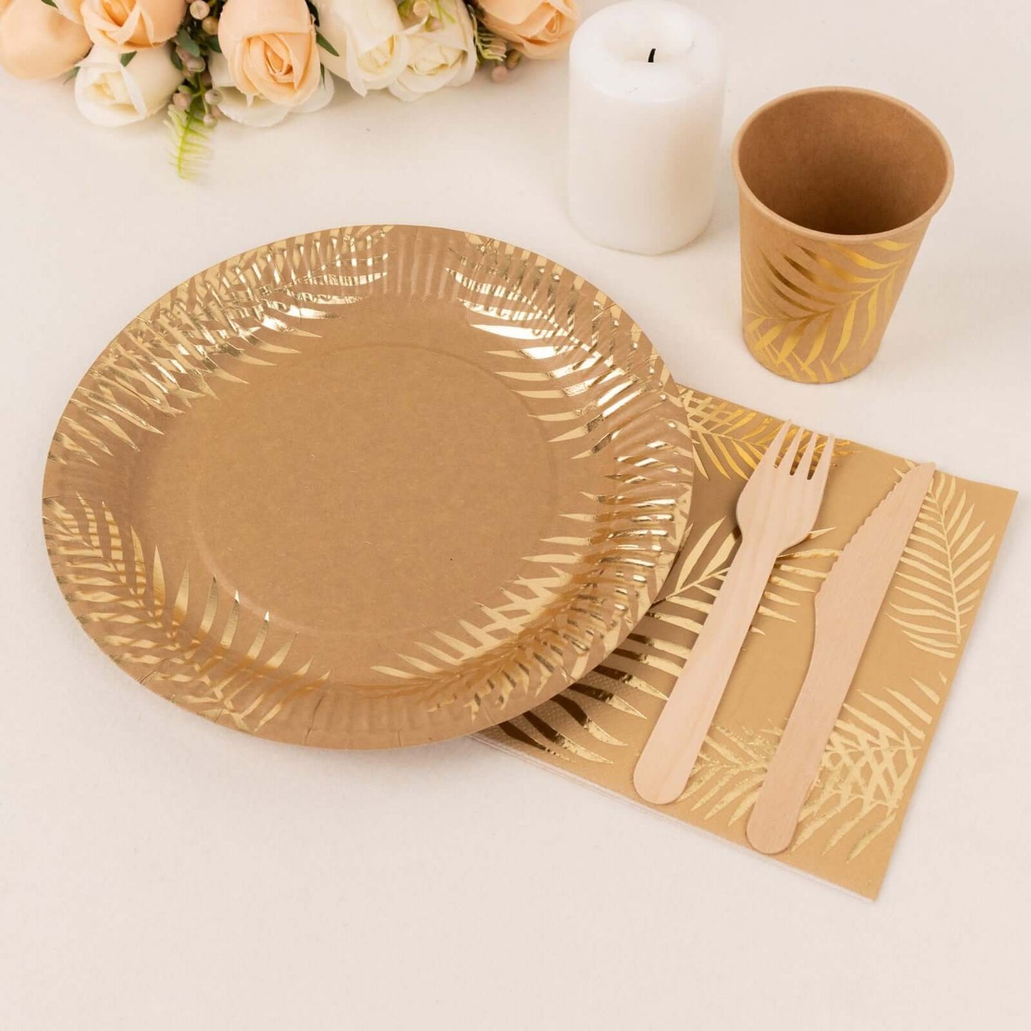 72 Pcs Paper Dinnerware Set with Gold Foil Palm Leaves Print Natural - Disposable Tableware Combo-Pack with Plates and Cups