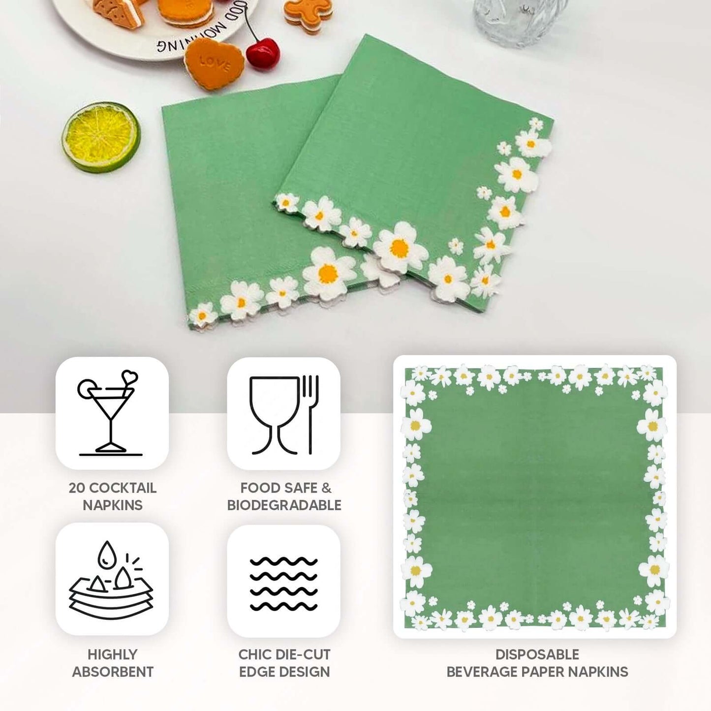 20-Pack Paper Beverage Napkins with Daisy Flower Design Sage Green - 2 Ply Soft 18GSM Floral Wedding Napkins 6.5"x6.5"