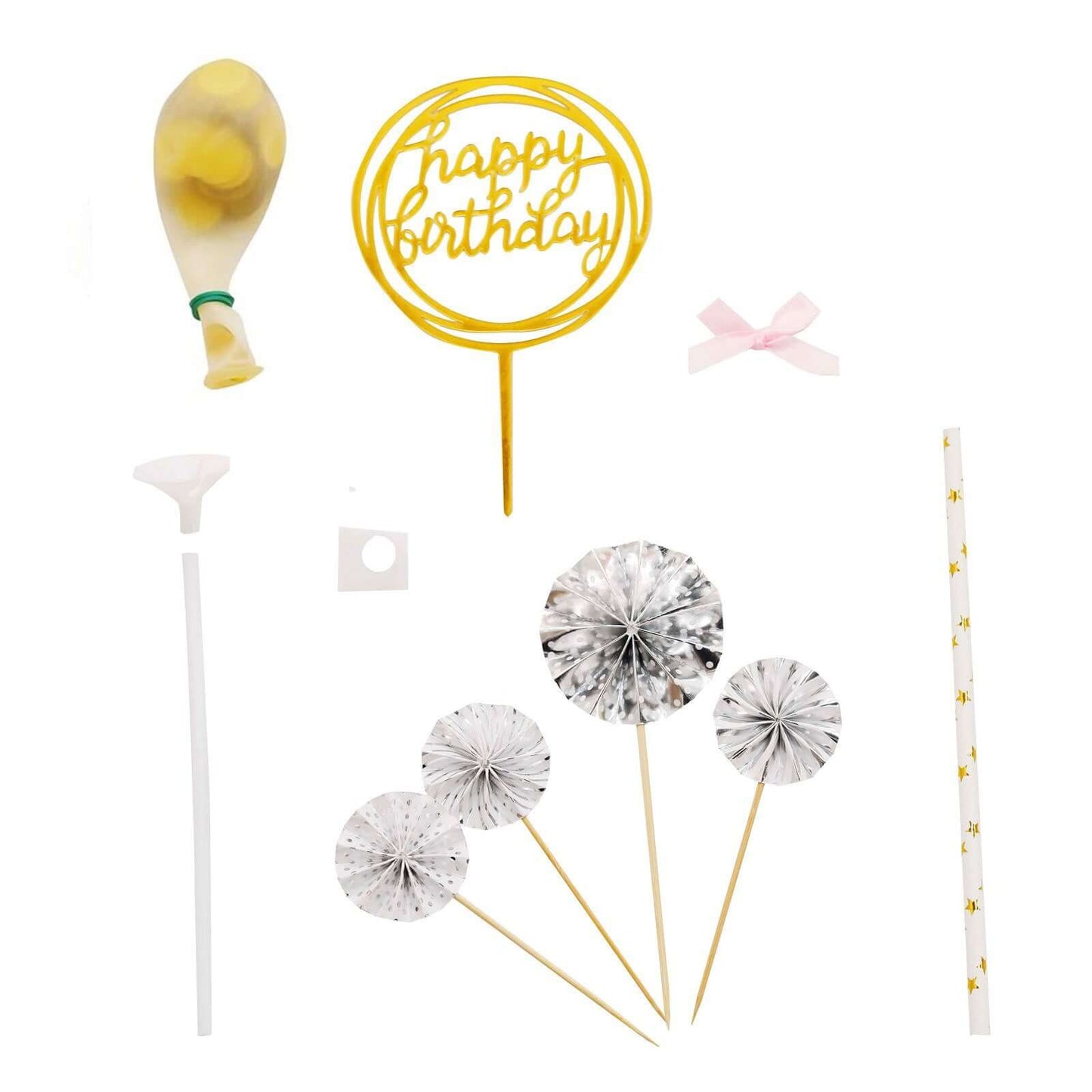 6 Pcs Happy Birthday Cake Topper Silver/Gold - Fun Cake Decoration with 4 Mini Paper Fans & Confetti Balloon for Themed Parties & Special Occasions