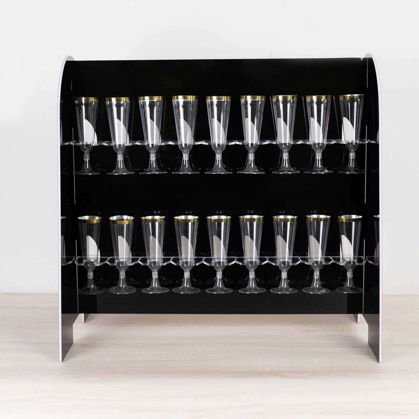 2-Tier Champagne Glass Holder Display Stand Table Top in Glossy Black - Modern Stemware Rack Cocktail Drink Holder with 18 Hooks for Events & DIY Bars 25"