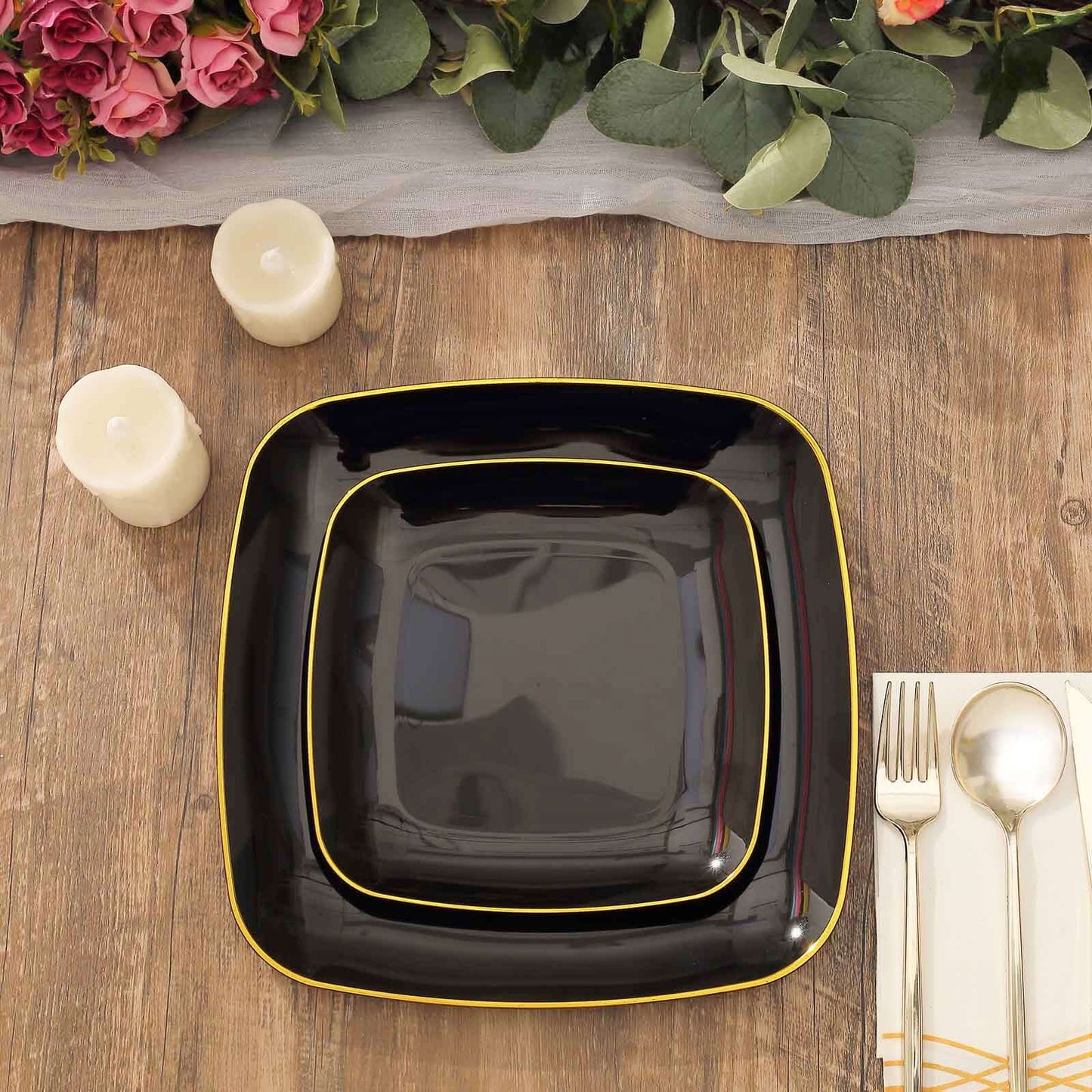 10-Pack Plastic 10" Square Dinner Plates in Black with Gold Rim - Classy Disposable Lunch Party Plates