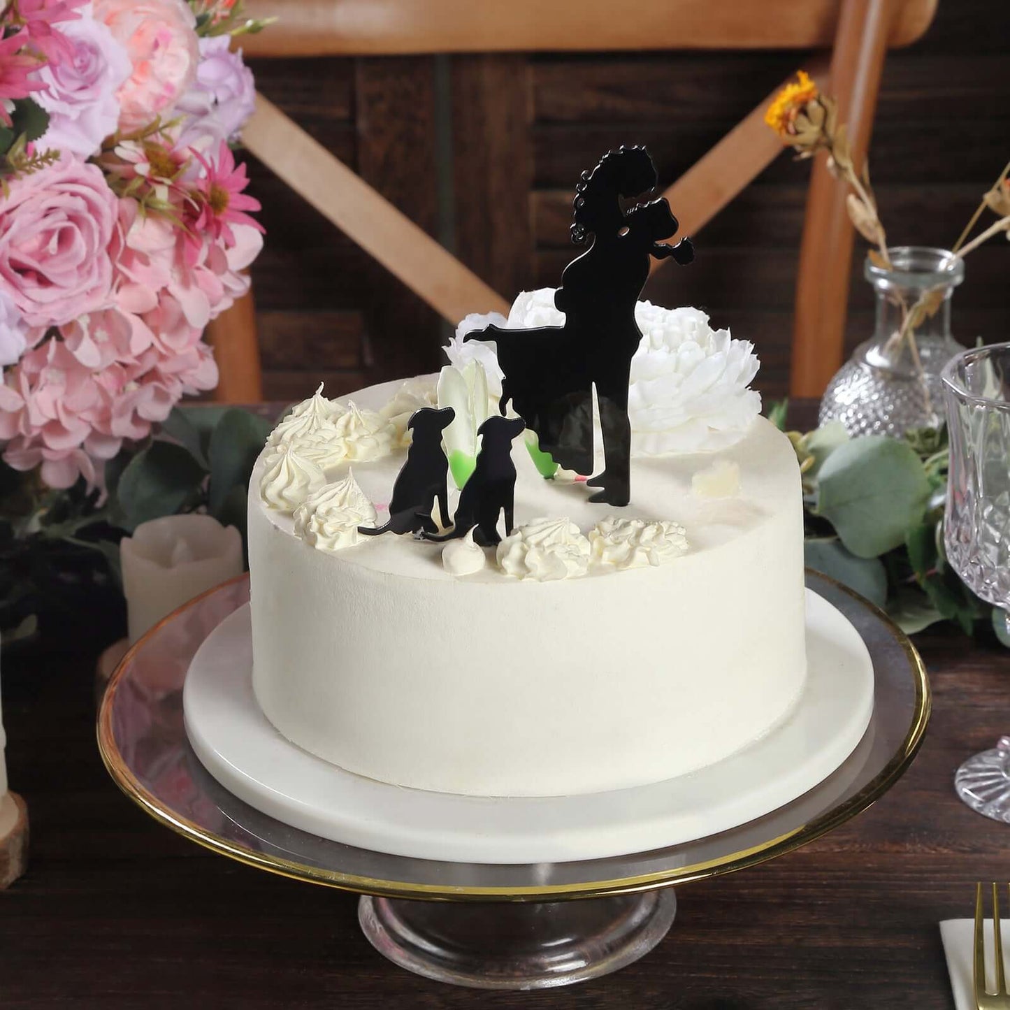 Acrylic Cake Toppers Black Silhouette Design of Bride, Groom, and Pet Dogs - Wedding Cake Decoration Set 7"