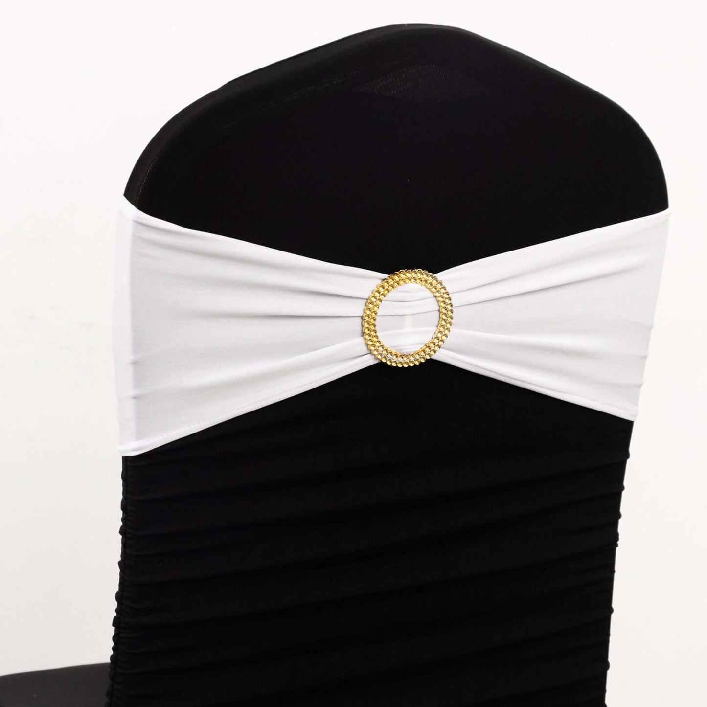 5 Pack Spandex Chair Sashes White with Gold Rhinestone Buckles - Reusable Four-Way Stretch Sash Bands for Classy & Effortless Wedding & Party Decor 5"x14"