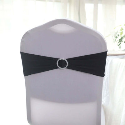 5 Pack Stretch Spandex Chair Sashes Black - Classy Reusable Chair Bands with Silver Diamond Ring Slide Buckle 5"x14"