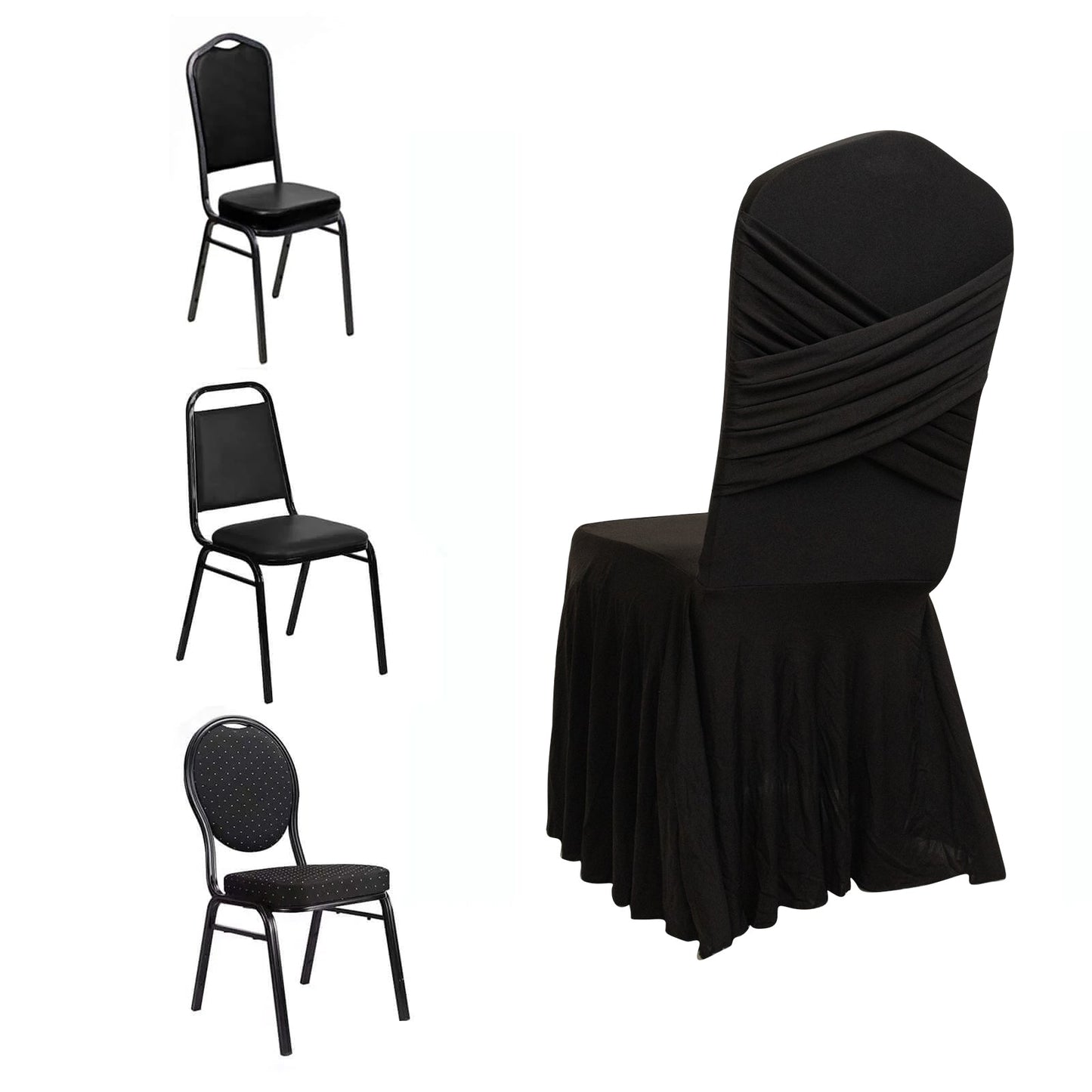 Black Spandex Banquet Chair Cover with Ruffle Skirt & Cross Back Sash â€“ Stretch Slipcover for Events