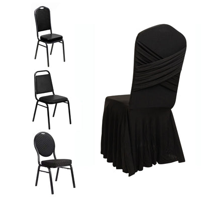 Black Spandex Banquet Chair Cover with Ruffle Skirt & Cross Back Sash â€“ Stretch Slipcover for Events