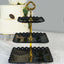 3-Tier Plastic Square Cupcake Stand Tower Black - Charming Disposable Dessert Display Serving Tray Platter with Heart Wavy Edge & Gold Top Handle for Tea Parties Weddings & Special Occasions 13"