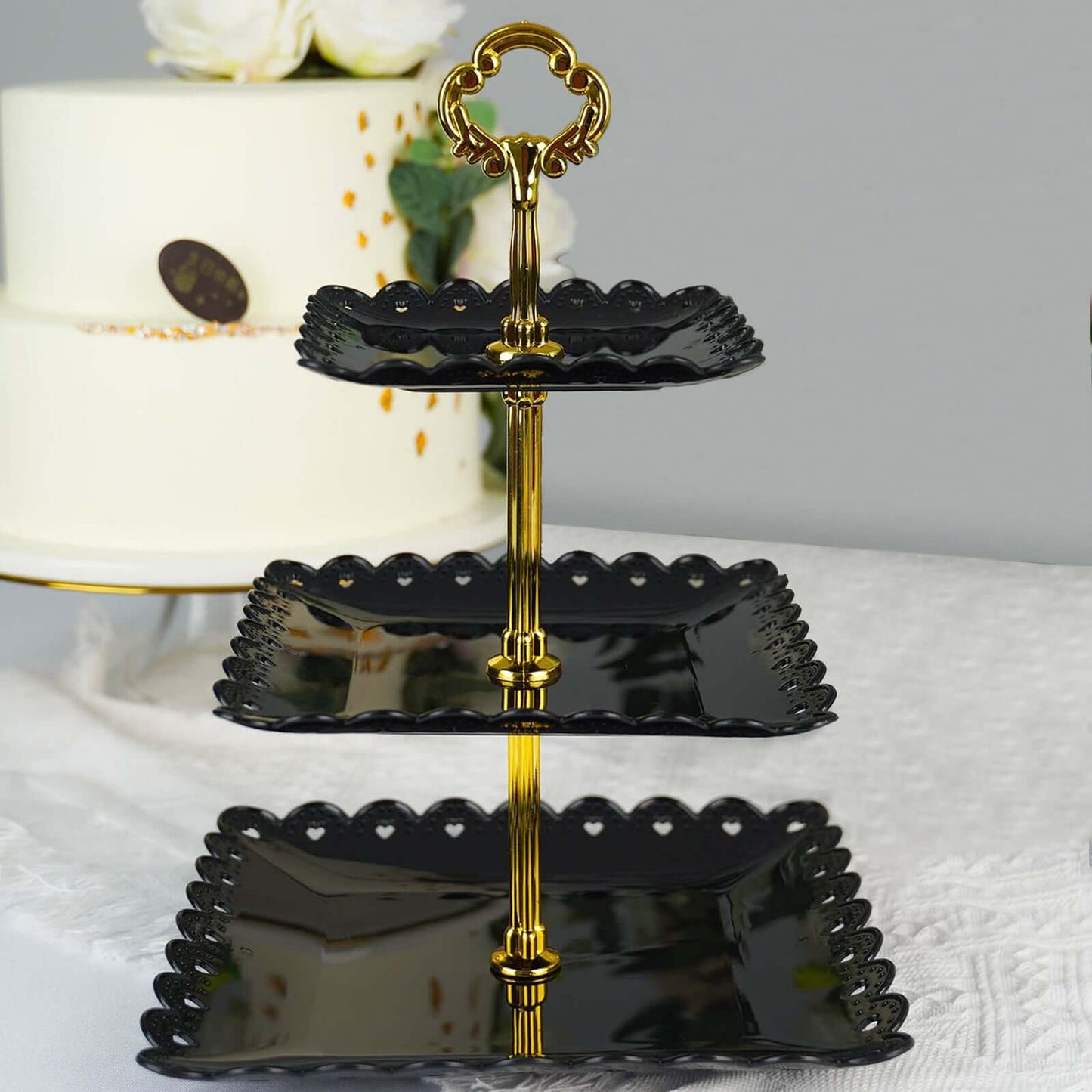 3-Tier Plastic Square Cupcake Stand Tower Black - Charming Disposable Dessert Display Serving Tray Platter with Heart Wavy Edge & Gold Top Handle for Tea Parties Weddings & Special Occasions 13"