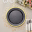 10-Pack Plastic 10" Round Dinner Plates in Black with Gold Rim - Disposable Party Plates for Classy Banquets & Special Occasions