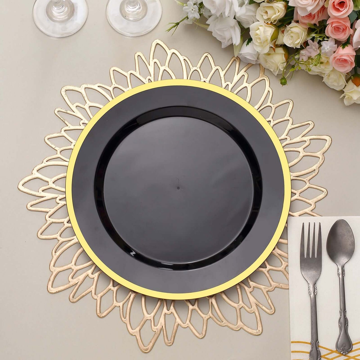 10-Pack Plastic 10" Round Dinner Plates in Black with Gold Rim - Disposable Party Plates for Classy Banquets & Special Occasions