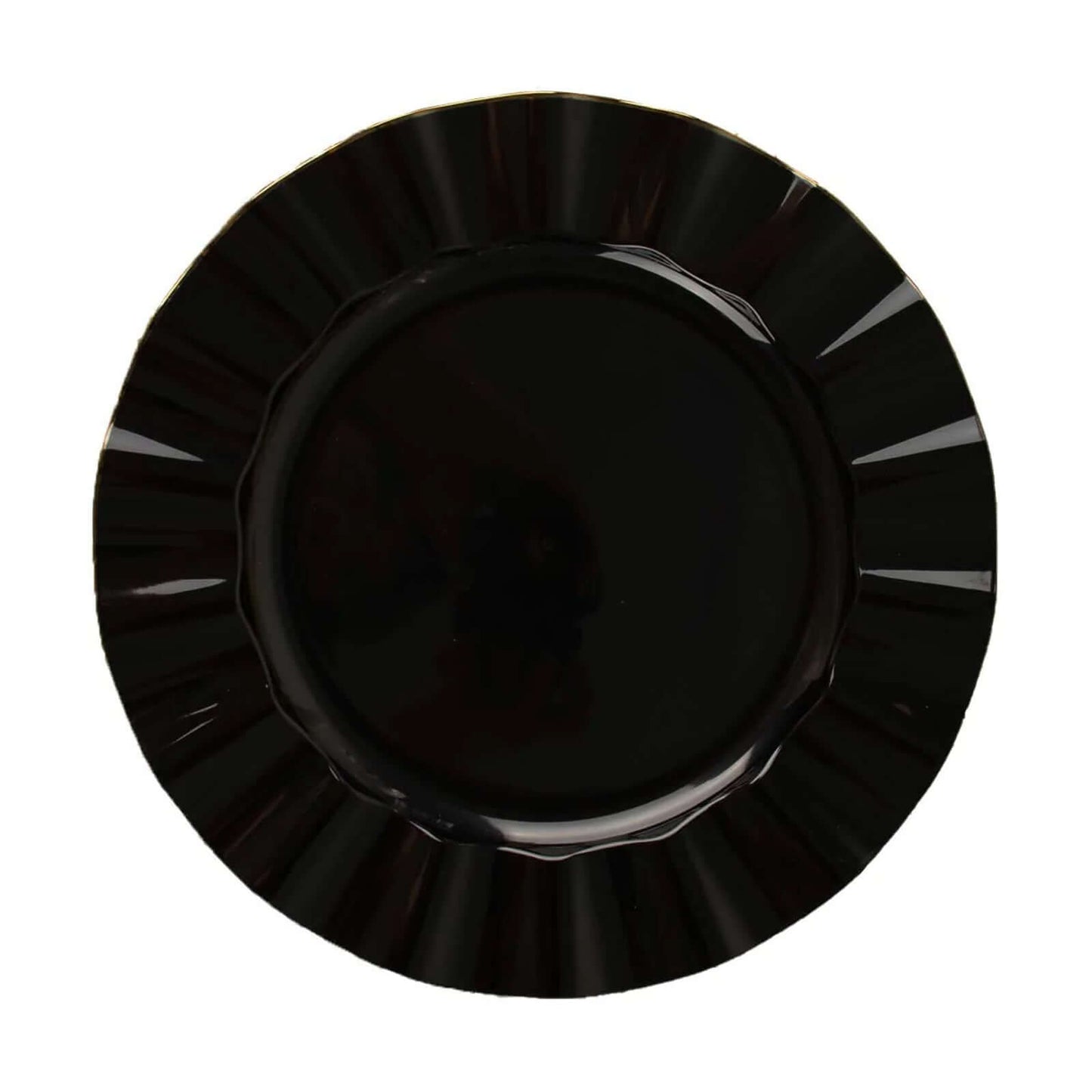 10-Pack Plastic 9" Round Dinner Plates in Black Ruffled Rim with Gold Edging - Sturdy Disposable Dinnerware