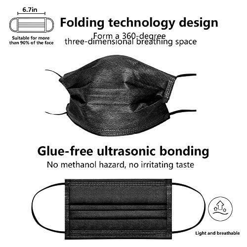50 Pack 3 Ply Black Disposable Face Mask Non Woven Mask with Ear Loop
