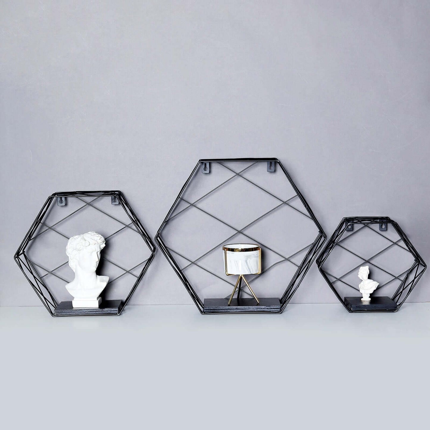 3 Pack Black Hexagonal Floating Wall Shelves, Decorative Geometric Wall Mounted Shelves - 9",12",14"