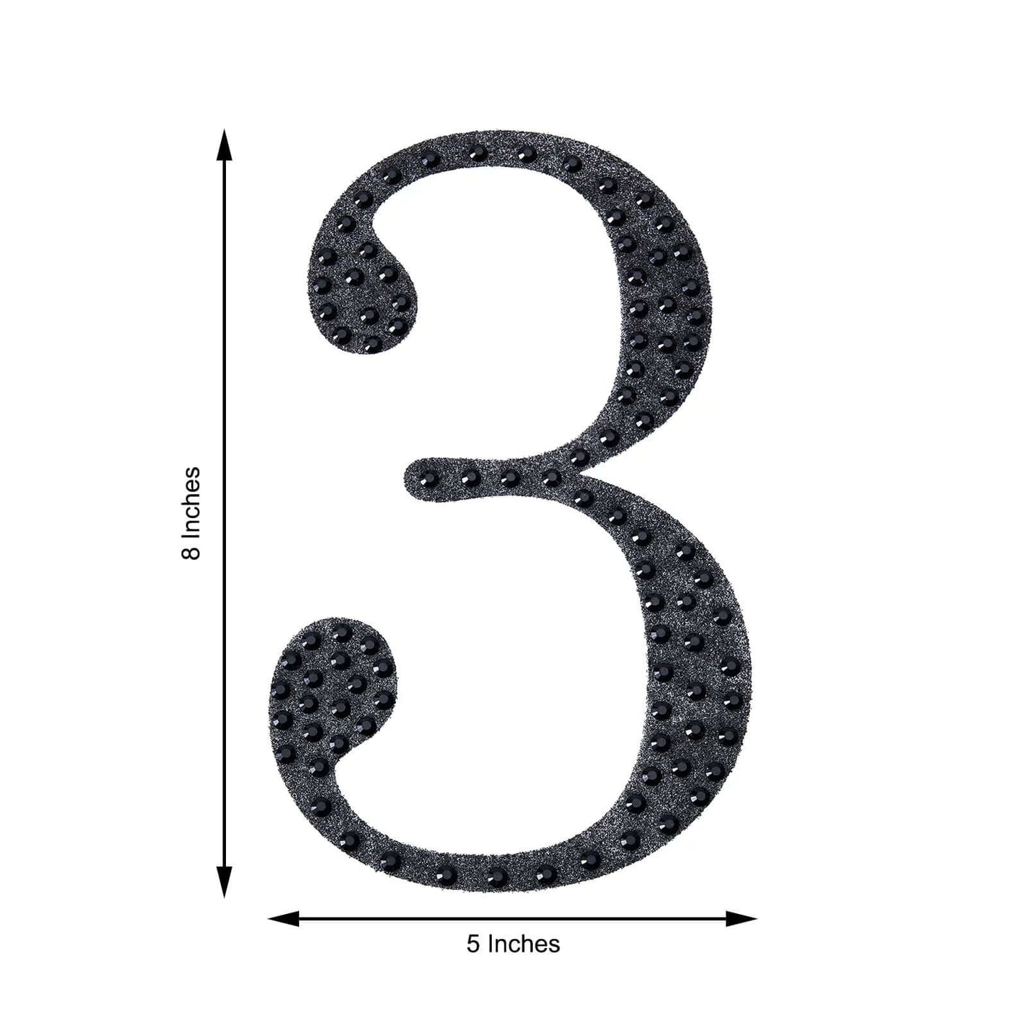 Decorative Rhinestone Number "3" Stickers, Glitter Adhesive Craft Numbers Black DIY Sparkle Embellishments 8"