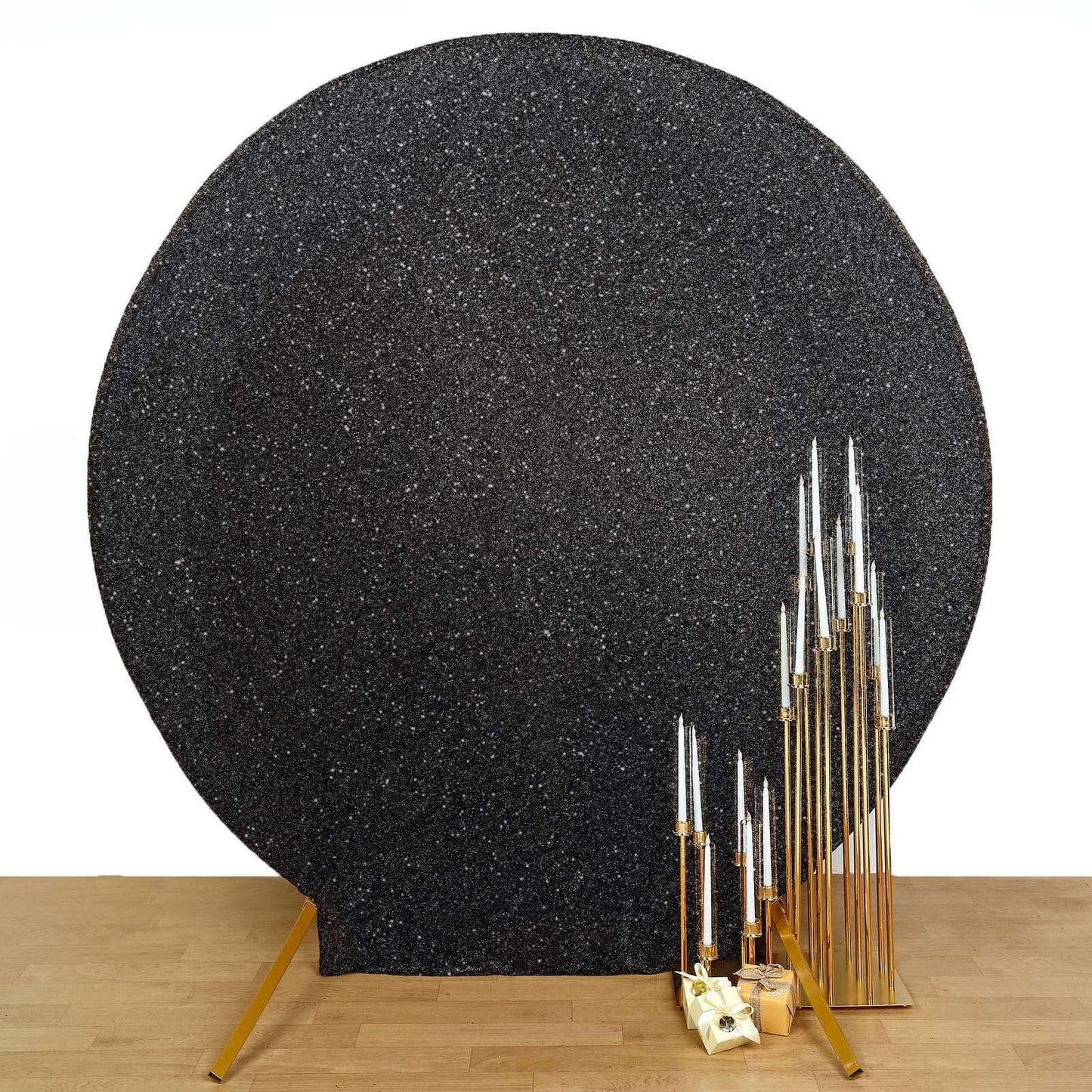 7.5ft Black Metallic Shimmer Tinsel Spandex Round Wedding Arch Cover, 2-Sided Photo Backdrop