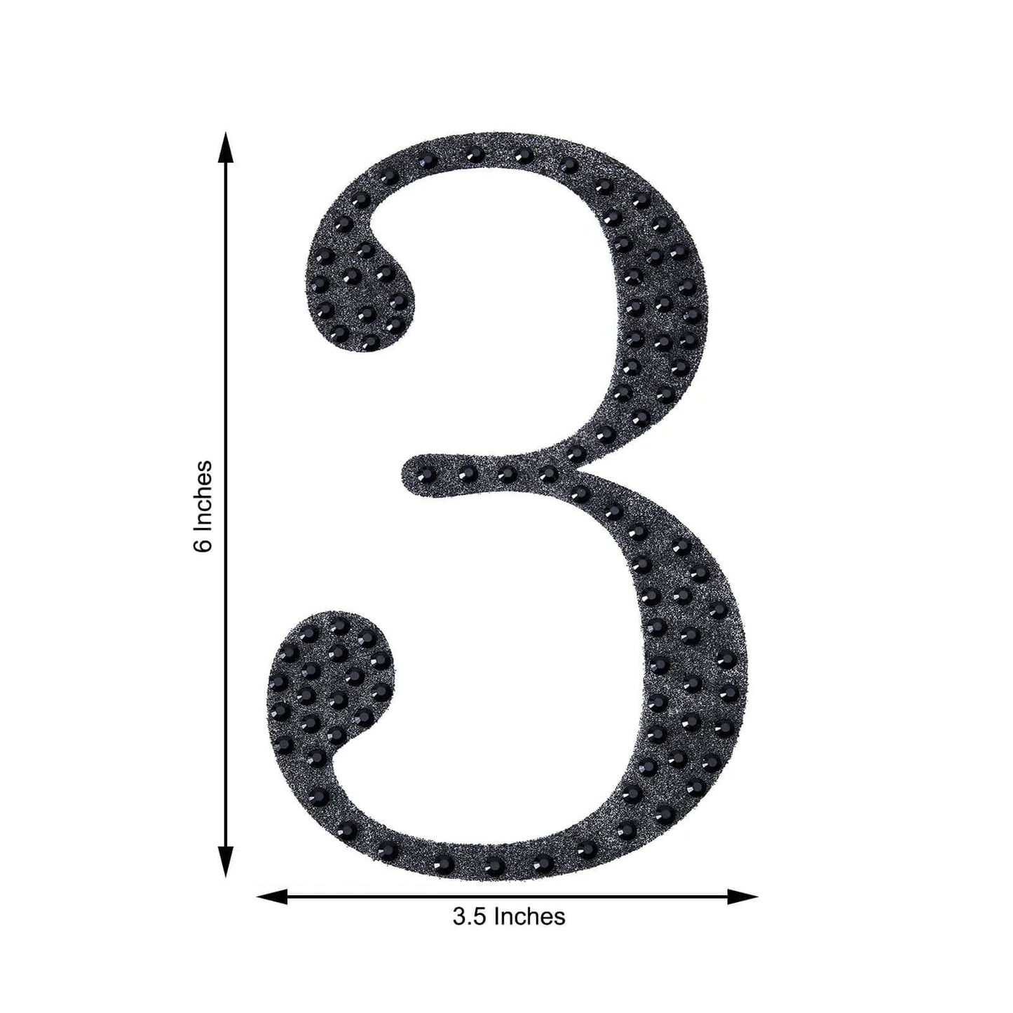 Decorative Rhinestone Number "3" Stickers, Glitter Adhesive Craft Numbers Black DIY Sparkle Embellishments 6"