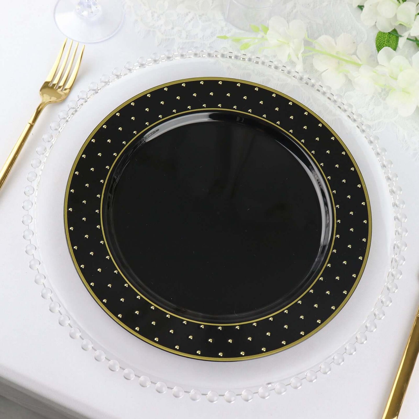 10-Pack Plastic 10" Round Dinner Plates in Black with Gold 3D Polka Dotted Rim - Sturdy Disposable Party Plates for Modern Themed Events & Banquets