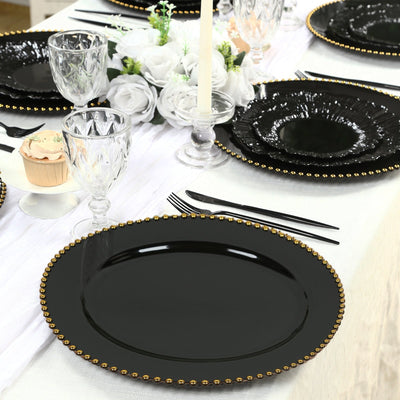 10-Pack Economy Round Plastic Charger Plates 13" in Black with Gold Beaded Rim, Stylish Dinner Party Serving Plates