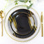 10-Pack Plastic 7" Round Dessert Plates in Black with Gold Brush Stroked Print - Disposable Appetizer Salad Plates for Modern Themed Events & Banquets