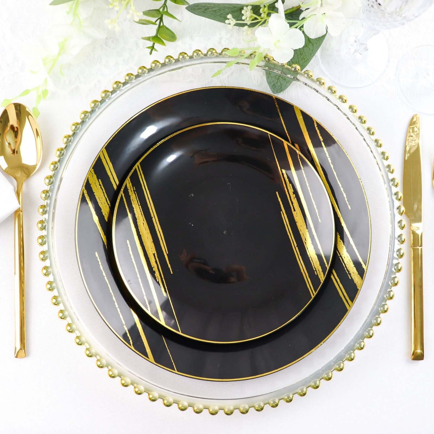 10-Pack Plastic 7" Round Dessert Plates in Black with Gold Brush Stroked Print - Disposable Appetizer Salad Plates for Modern Themed Events & Banquets