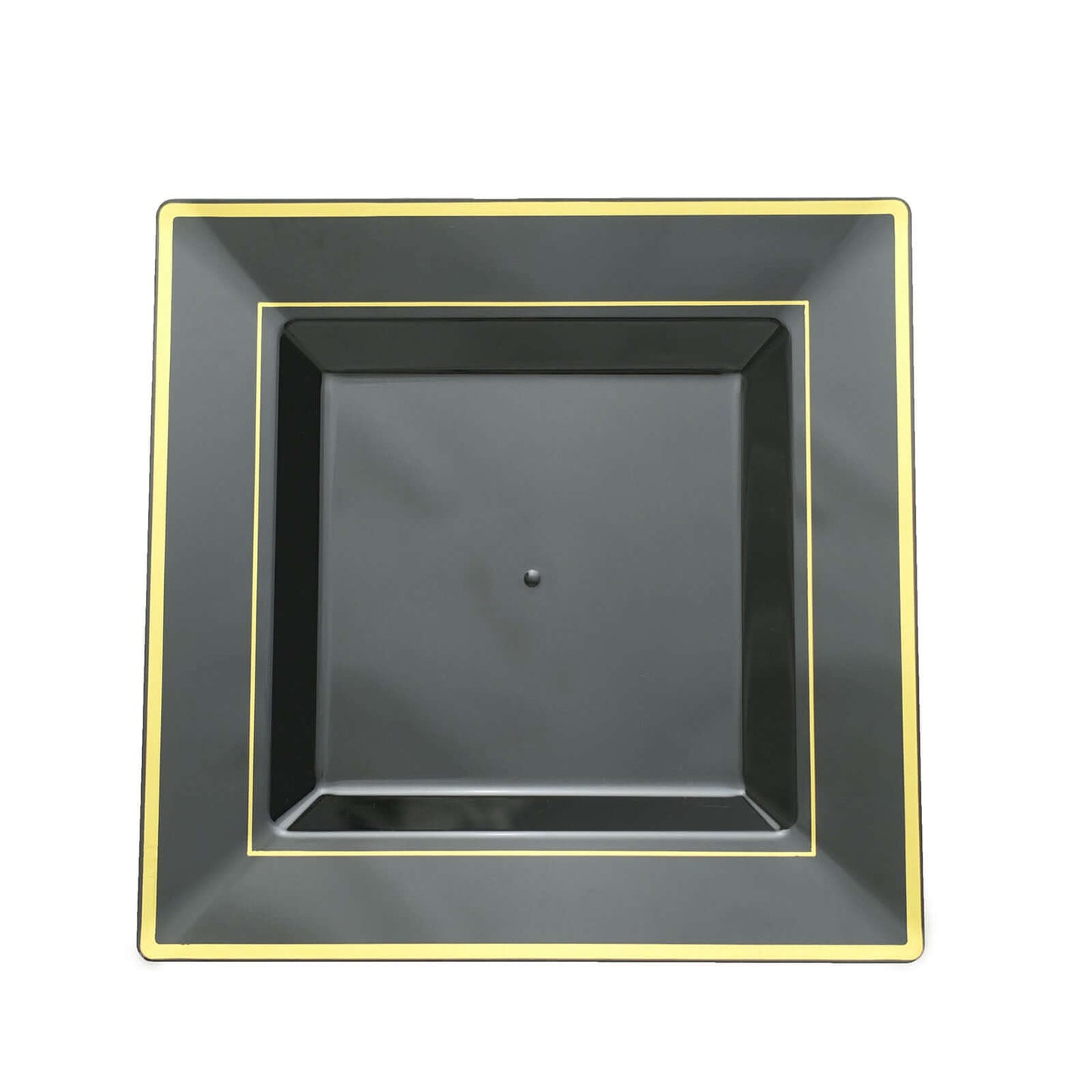 10-Pack Plastic Dinner Plates Black Square with Gold Trim - Lightweight Disposable Plates for Events 10"