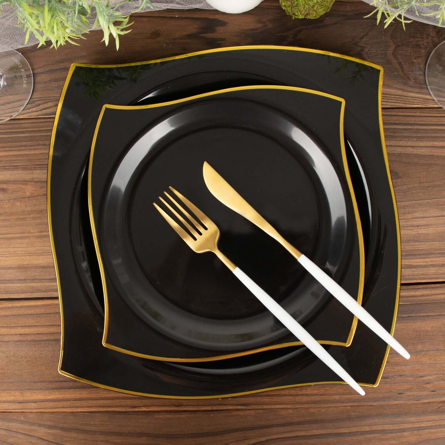 10-Pack Plastic 8" Square Dessert Plates in Black with Gold Wavy Rim Modern - Disposable Salad Appetizer Party Plates