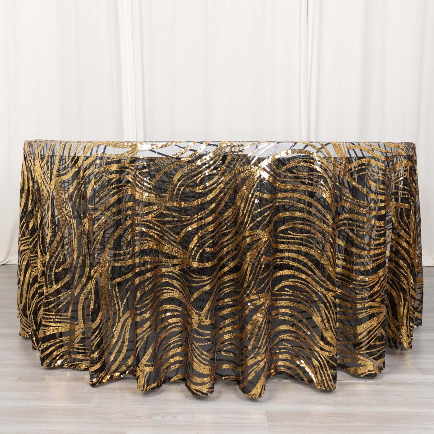Sequin Mesh 120" Round Tablecloth Black/Gold - Seamless Wave Embroidered Table Cover