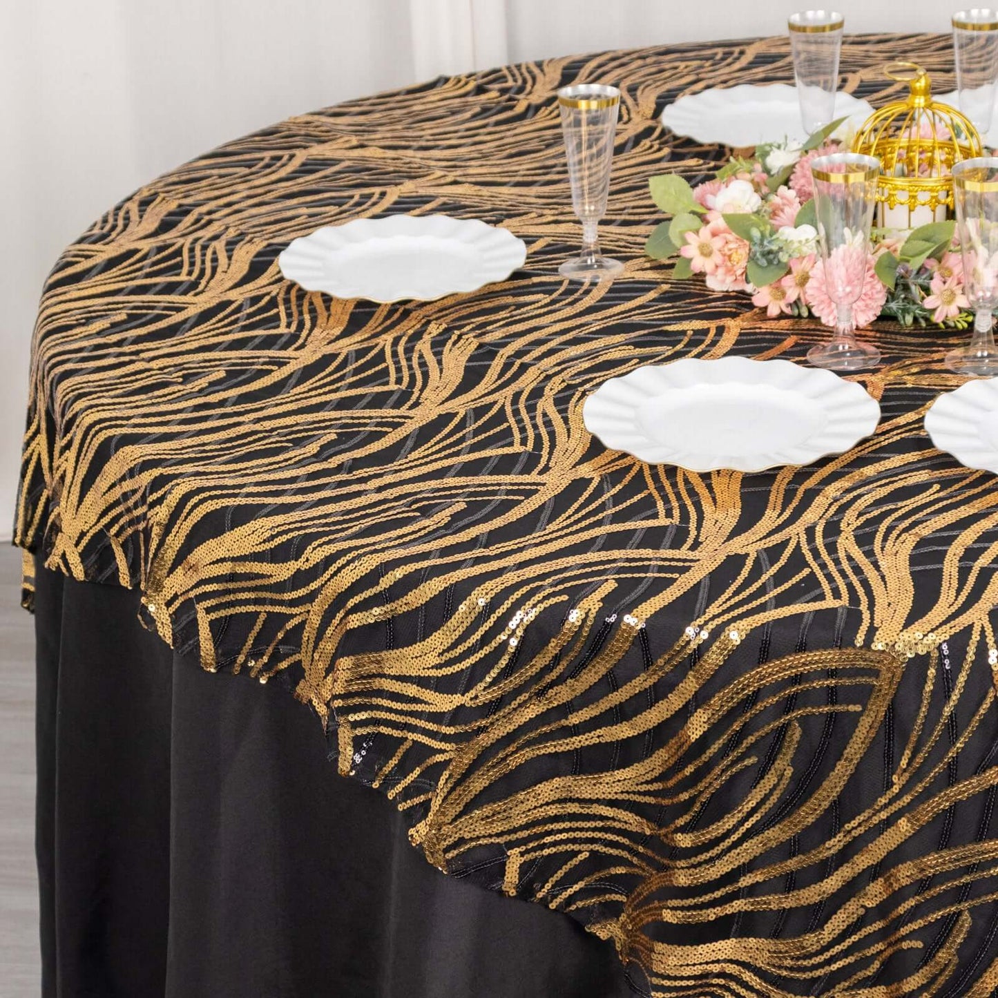 Mesh 72"x72" Table Overlay Square Tablecloth Black Gold - Wave Embroidered Sequins Table Topper