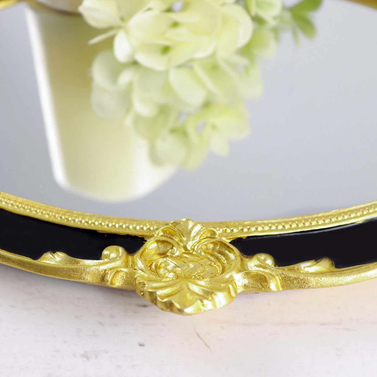 Resin Mirrored Vanity Oval Serving Tray 14"x10" in Black with Metallic Gold Baroque Design, Stylish Decorative Vanity Tray Centerpiece