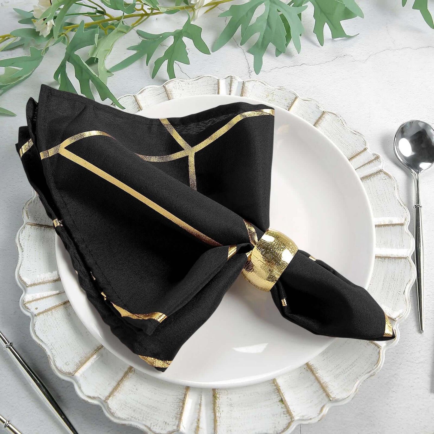 5 Pack Polyester 20"x20" Napkins Black with Gold Geometric Foil Pattern - Modern Reusable Dinner Napkins