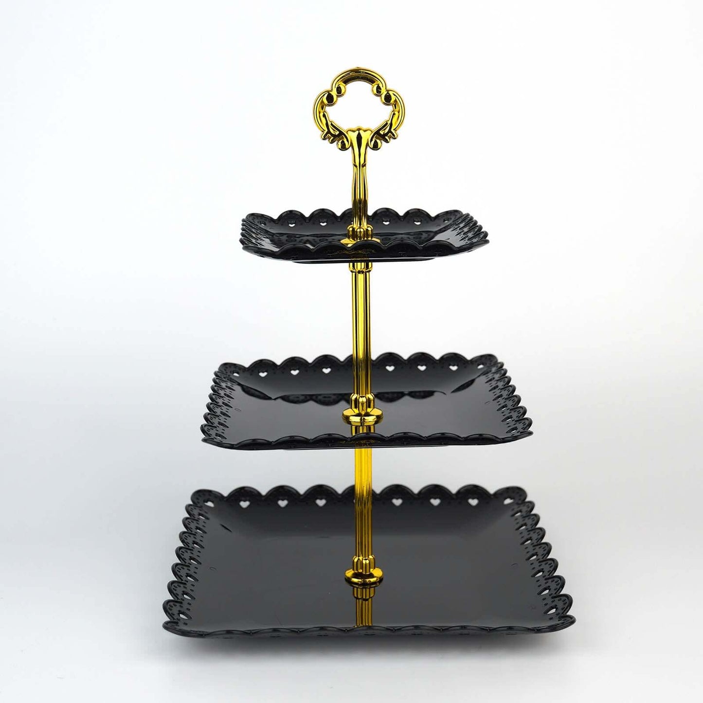 3-Tier Plastic Square Cupcake Stand Tower Black - Charming Disposable Dessert Display Serving Tray Platter with Heart Wavy Edge & Gold Top Handle for Tea Parties Weddings & Special Occasions 13"