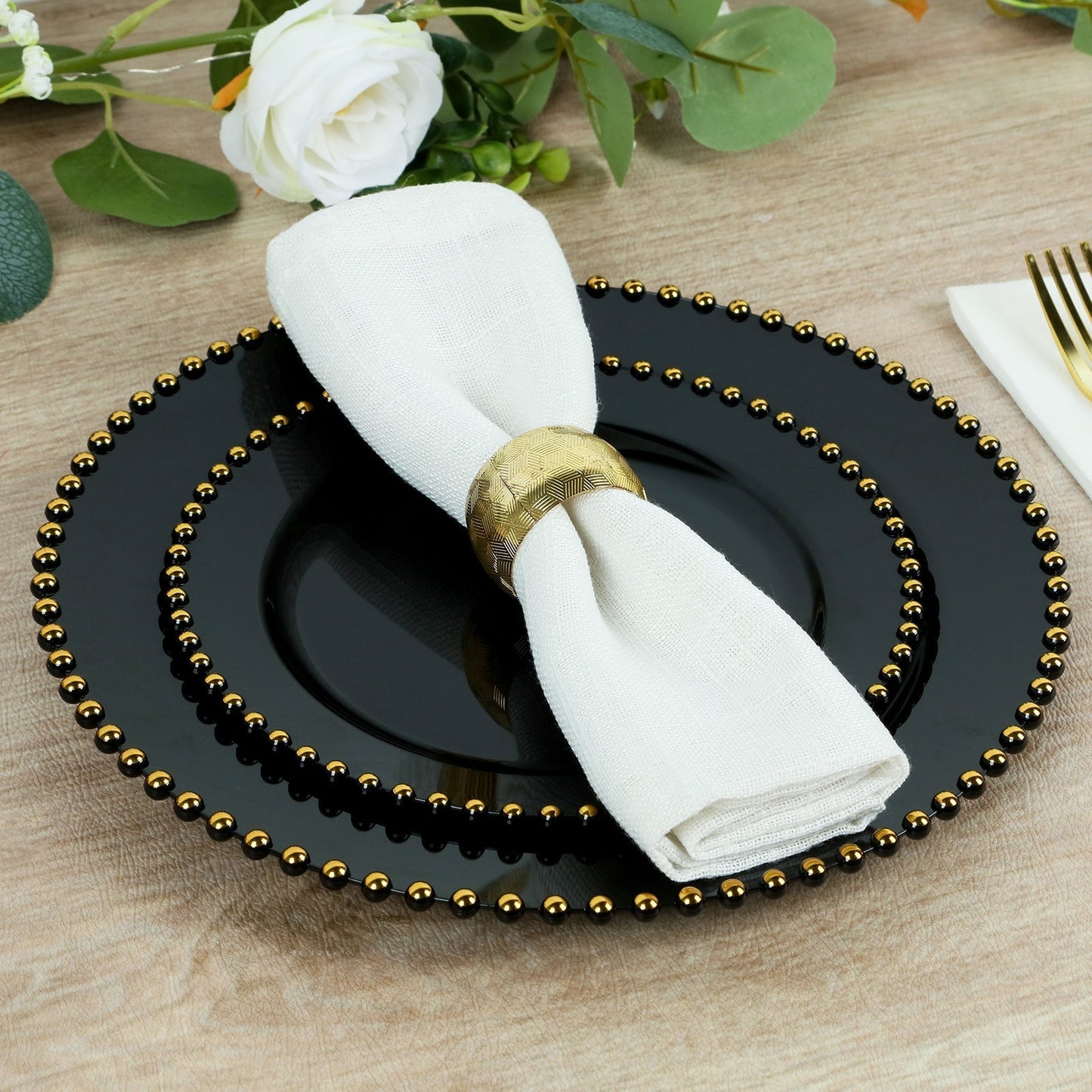 10-Pack Black Plastic Dessert Plates â€“ 8" Round with Gold Beaded Rim, Disposable for Parties & Events