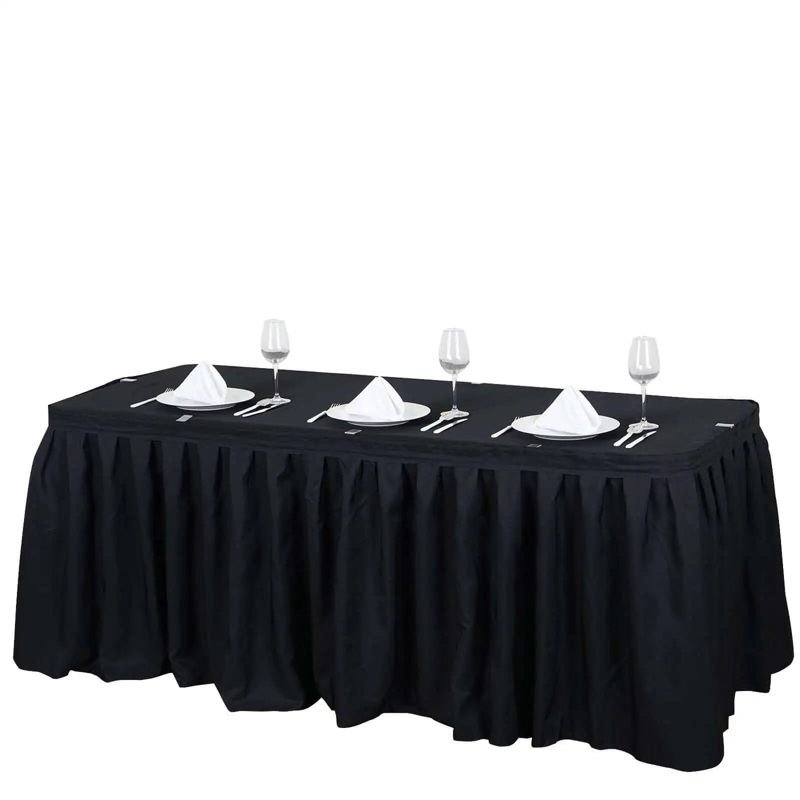 Black pleated tablecloth with ruffled edge, elegant design for formal events.