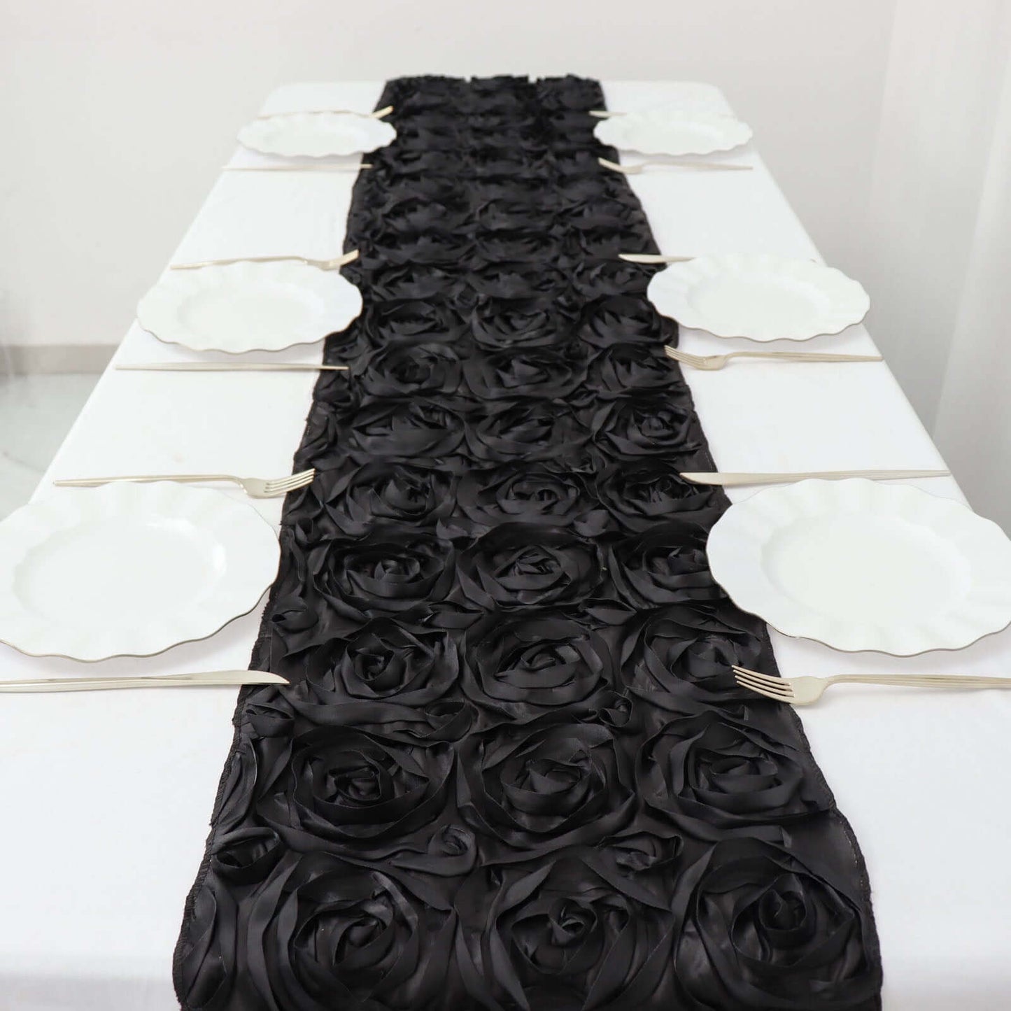 Rosette Satin 14"x108" Table Runner Black - Grandiose Design