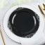 10-Pack Plastic 10" Round Dinner Plates in Black with Silver Leaf Embossed Rim - Disposable Vintage Baroque Style Plates