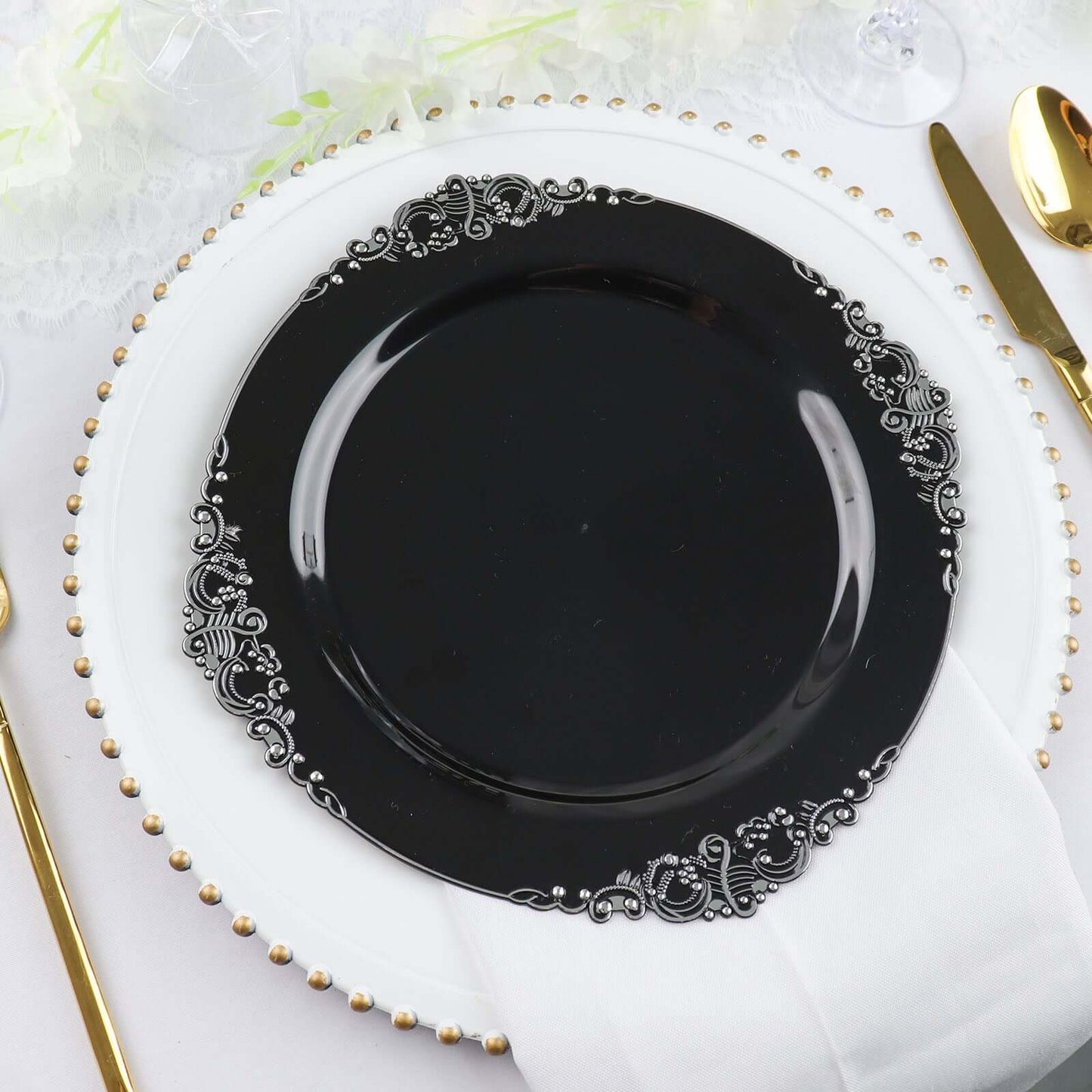 10-Pack Plastic 10" Round Dinner Plates in Black with Silver Leaf Embossed Rim - Disposable Vintage Baroque Style Plates