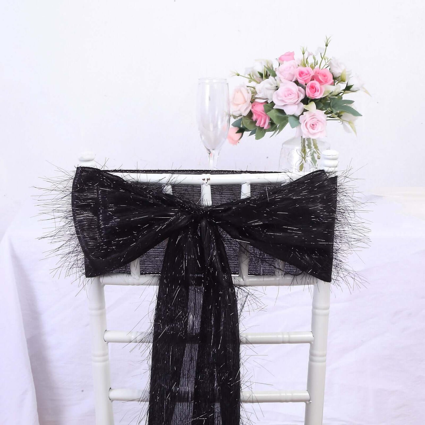 5 Pack Polyester Chair Sashes Black Metallic Tinsel Fringe - Easy to Use Chair Bows 6"x108"