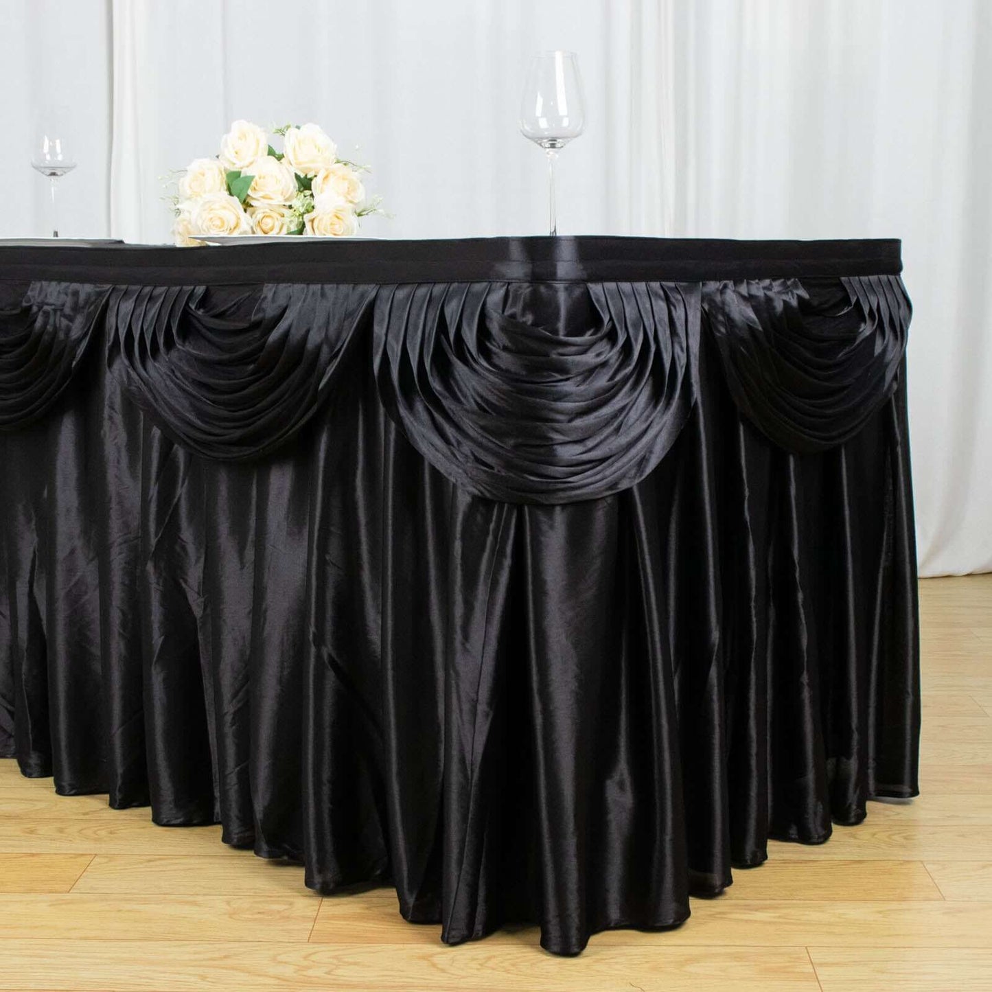 Satin 21ft Table Skirt Black - Pleated Double Drape Table Cover