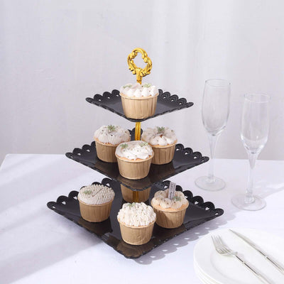 3-Tier Plastic Square Cupcake Stand Tower Black - Charming Disposable Dessert Display Serving Tray Platter with Heart Wavy Edge & Gold Top Handle for Tea Parties Weddings & Special Occasions 13"