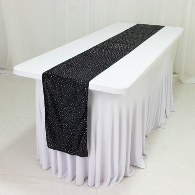 Black Scuba Table Runner with Rhinestone Accents - 12’’x108’’ Wrinkle-Free Table Linen - Runners