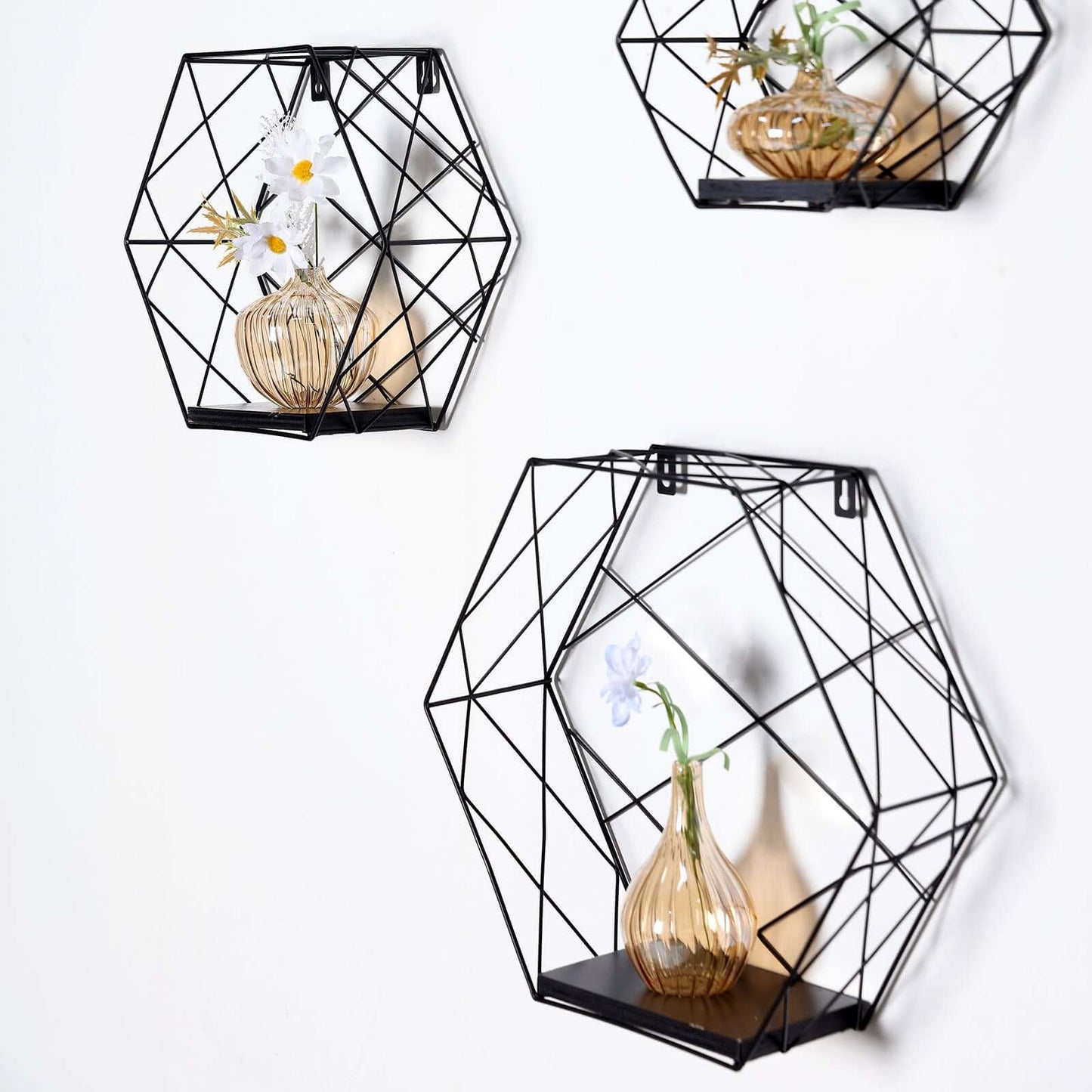 3 Pack Black Hexagonal Floating Wall Shelves, Decorative Geometric Wall Mounted Shelves - 9",12",14"