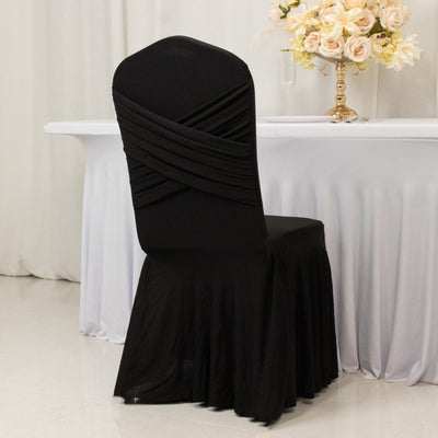 Black Spandex Banquet Chair Cover with Ruffle Skirt & Cross Back Sash â€“ Stretch Slipcover for Events - Chair Covers