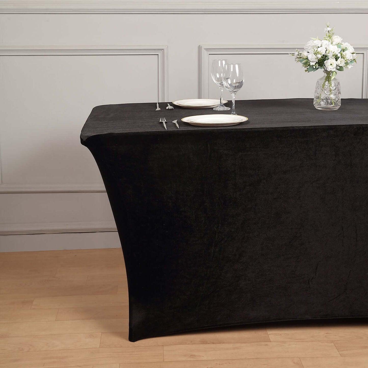 Velvet Spandex 6ft Rectangle Tablecloth Black - Fitted Wrinkle-Free Design for 72"x30" Tables