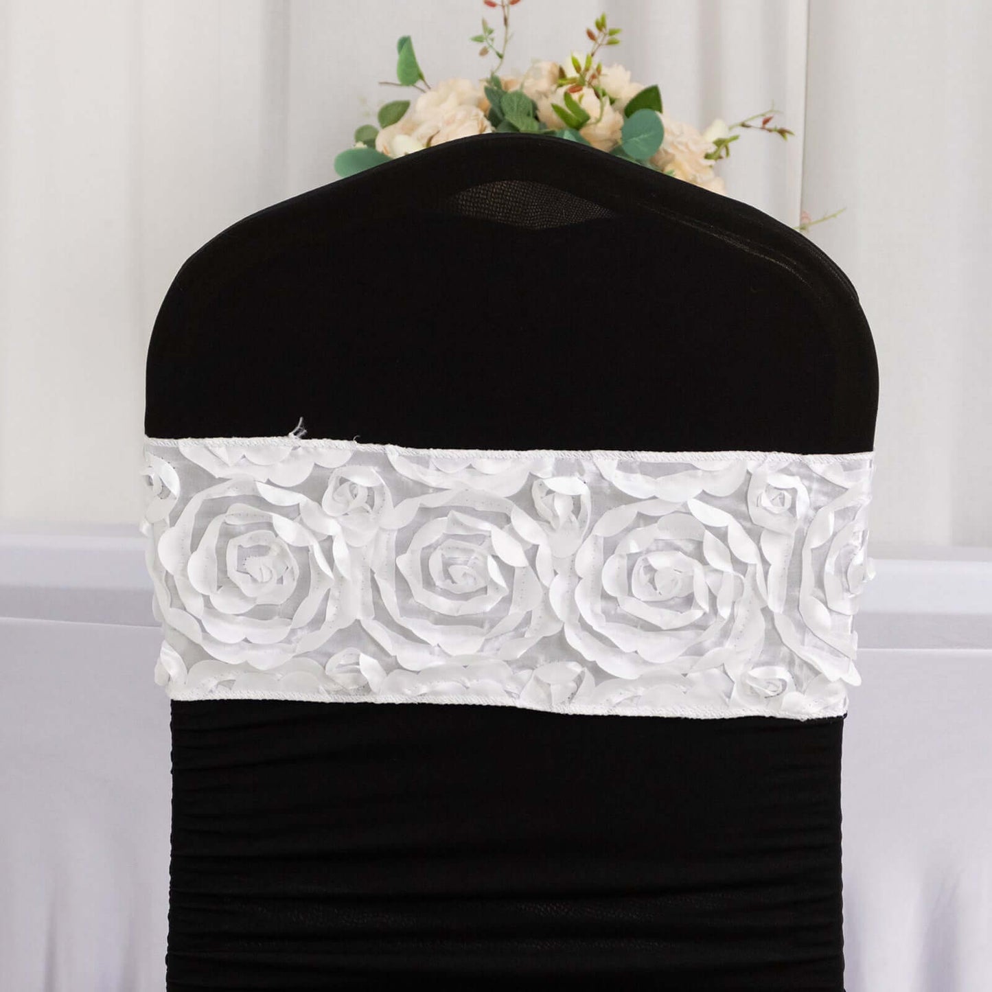 5 Pack Satin Spandex Chair Sashes White - Exquisite Rosette Design Stretch Chair Bands 6"x14"
